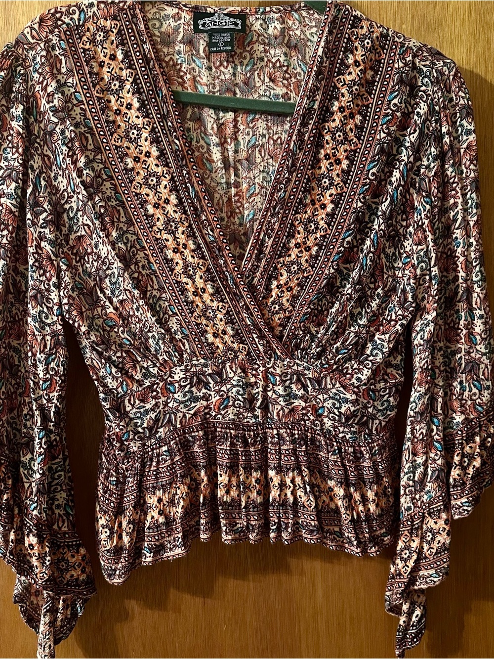 Angie Rust & Turquoise Patterned V-Neck Smocked Waist Peasant Blouse- Hippy Chic